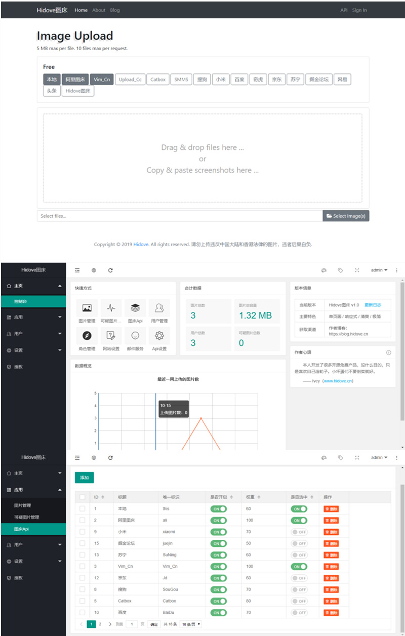 Hidove在线聚合图床网站源码 支持15个接口自由更换 上传API，bootstrap4简约界面插图