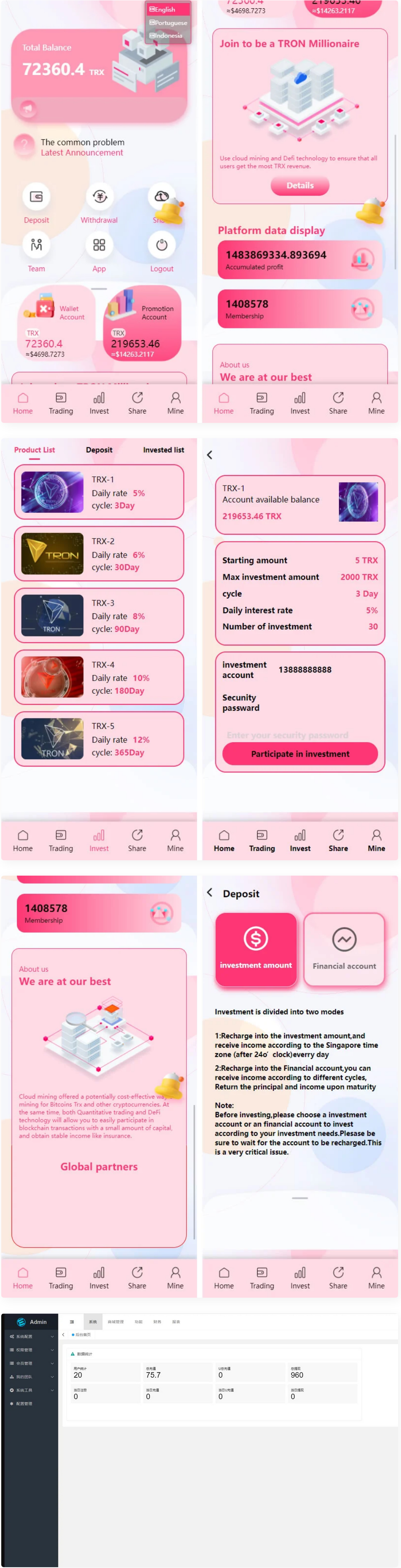 价值500u的trx粉色UI多语言理财网站系统源码插图
